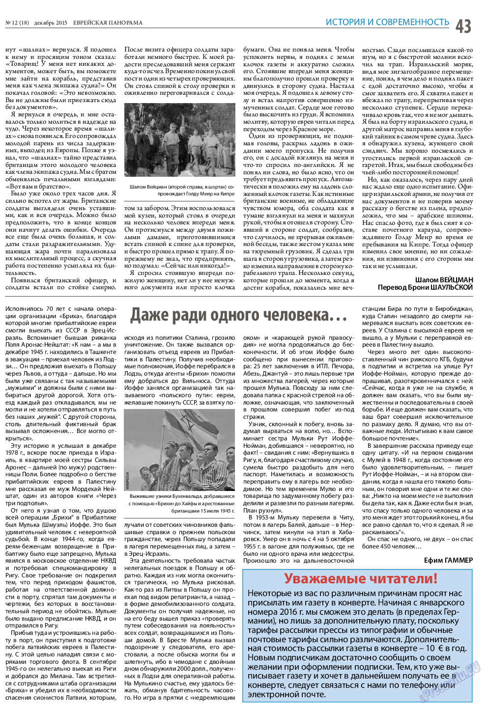 Еврейская панорама, газета. 2015 №12 стр.43