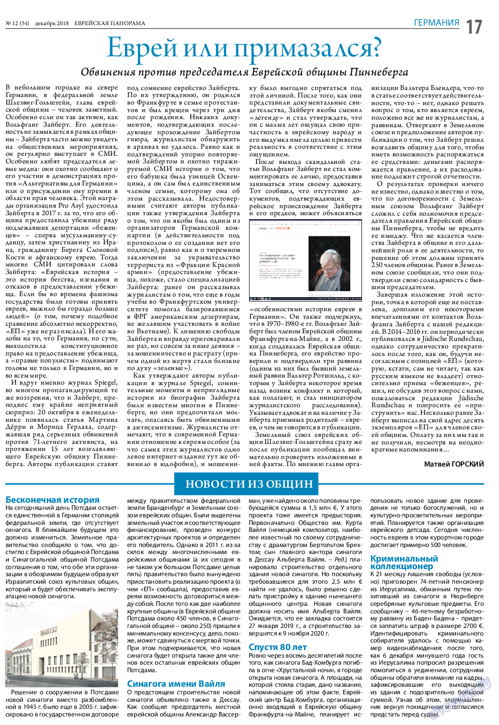Еврейская панорама, газета. 2018 №12 стр.17