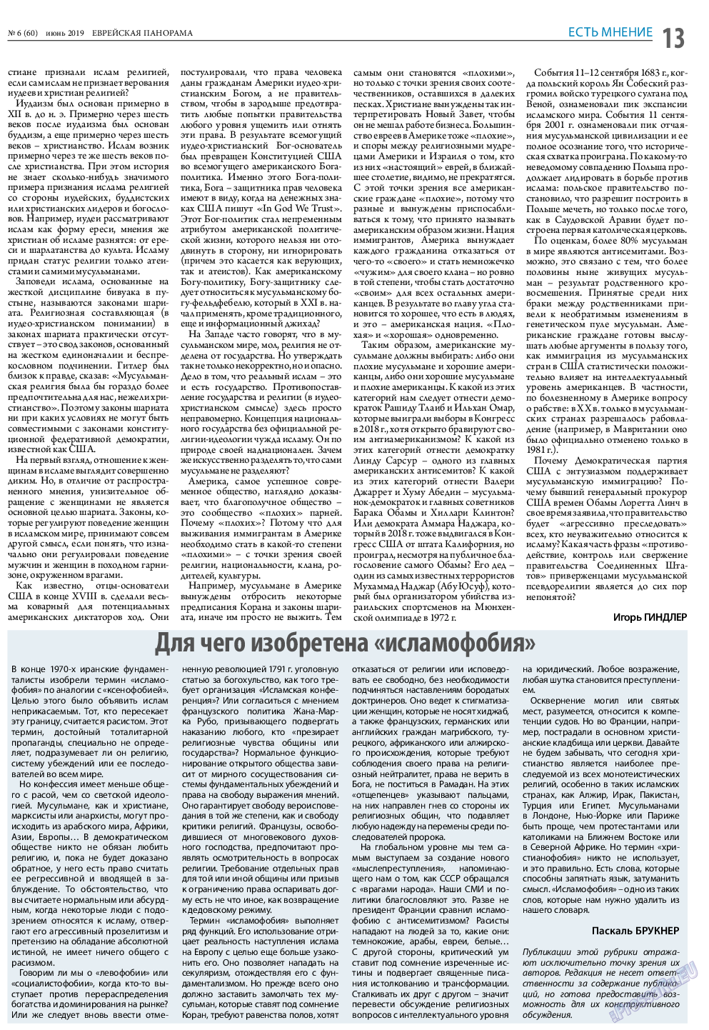 Еврейская панорама, газета. 2019 №6 стр.13