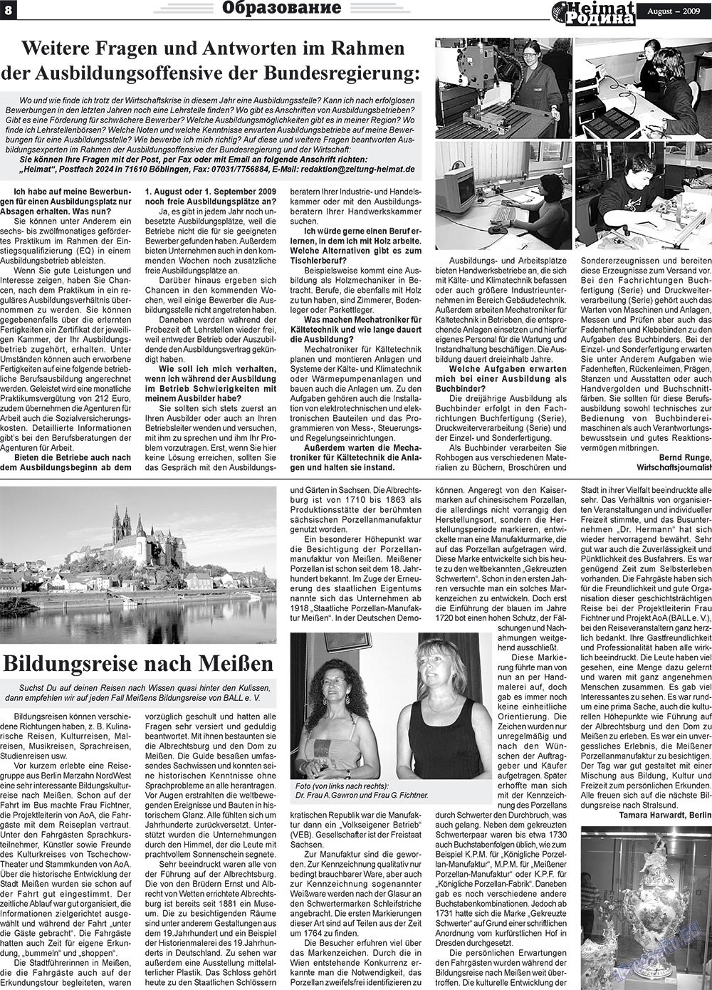 Heimat-Родина (газета). 2009 год, номер 8, стр. 8