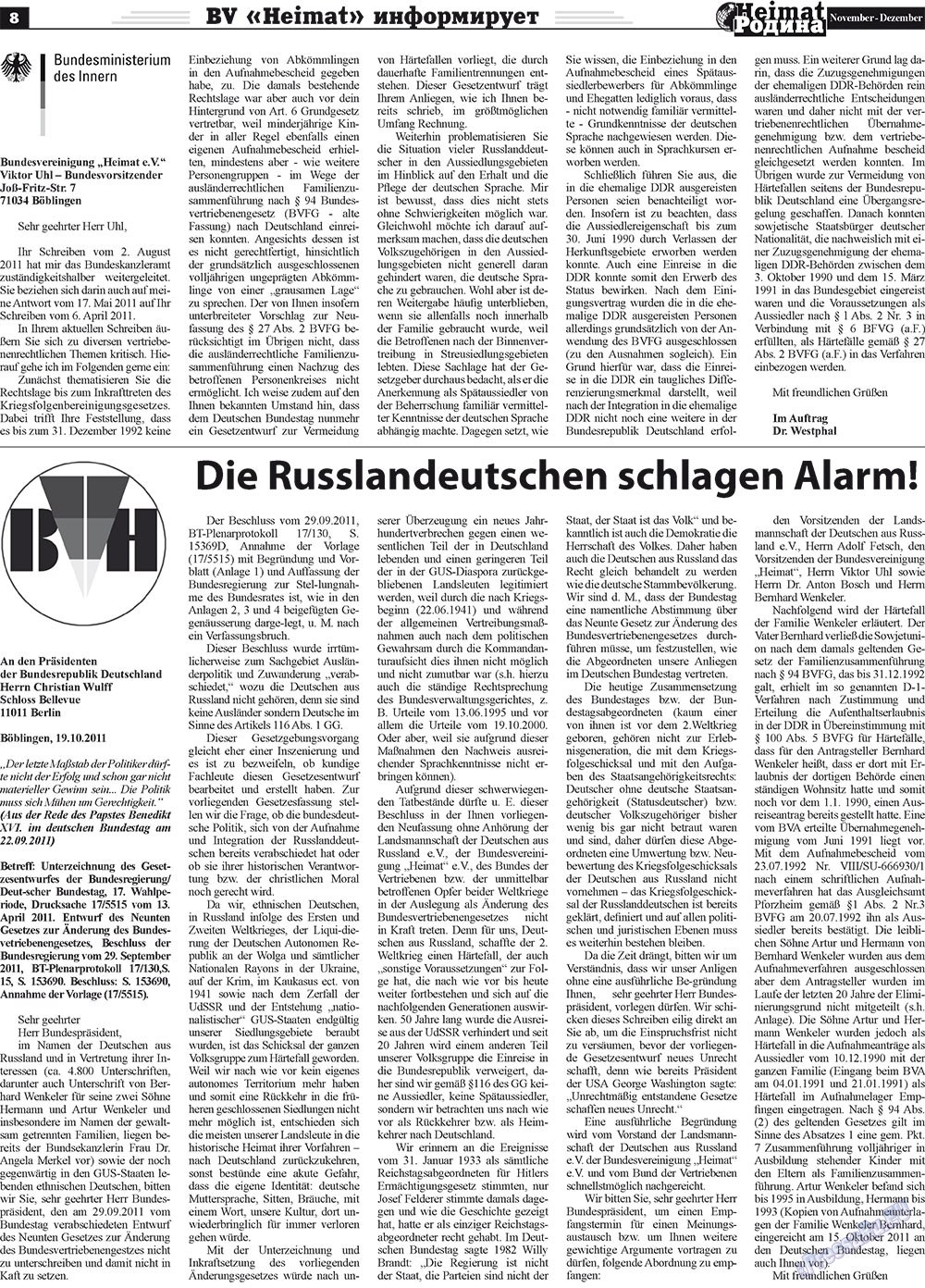 Heimat-Родина (Zeitung). 2011 Jahr, Ausgabe 11, Seite 8